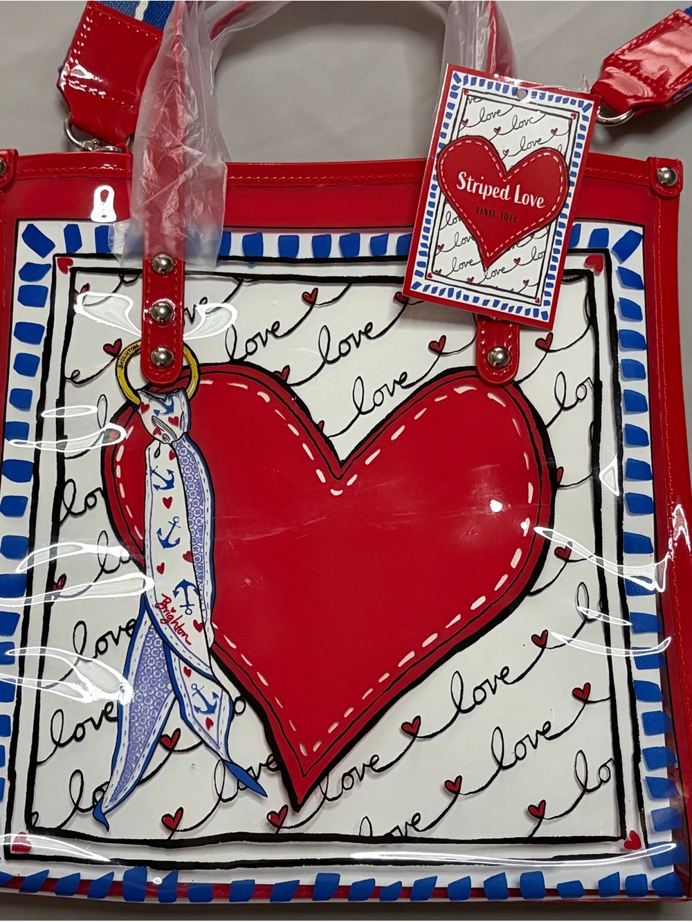 Brighton Striped Love Vinyl Tote Crossbody Bag Red Blue NWT - Picture 5 of 13